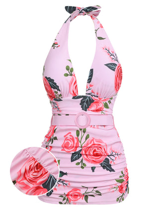 Pink 1930s Roses Halter Belt Swimsuit: timeless style reimagined