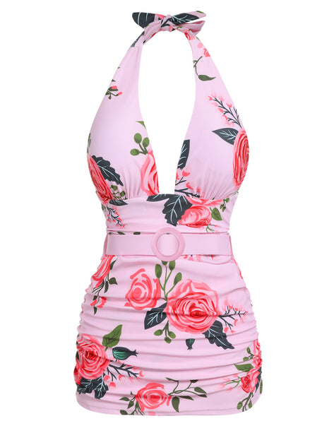 Pink 1930s Roses Halter Belt Swimsuit | Retro Stage