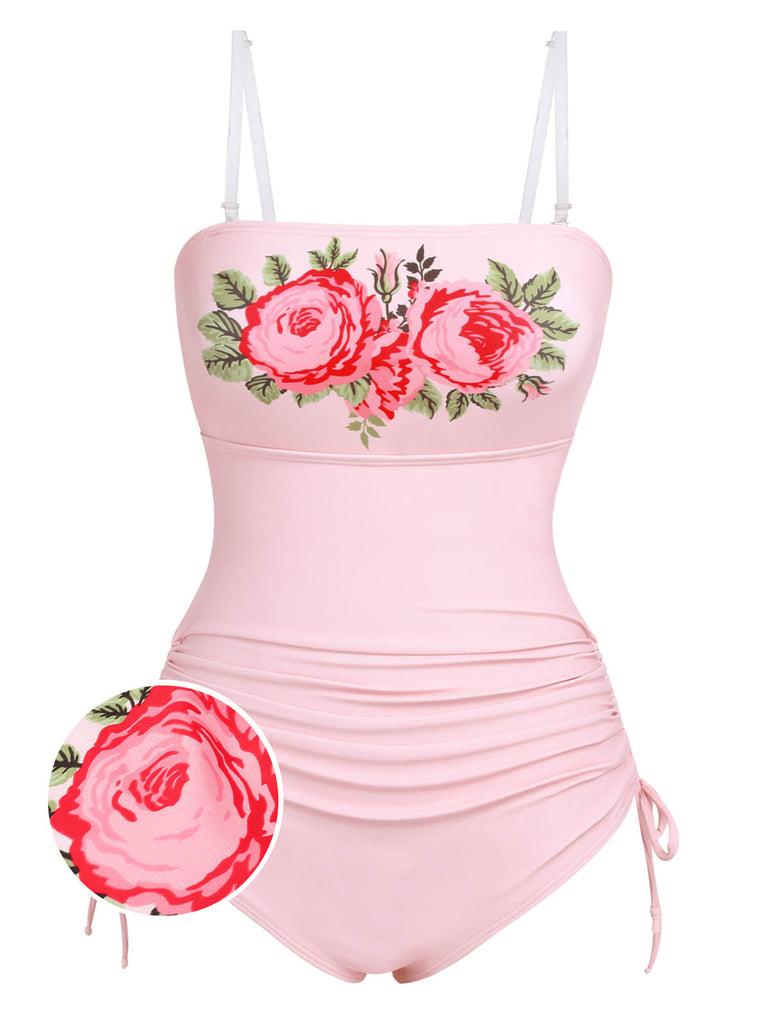 Pink 1940s Rose Strap One-piece Swimsuit, vintage swimsuit, pin-up swimwear - perfect for women who love vintage and retro fashion