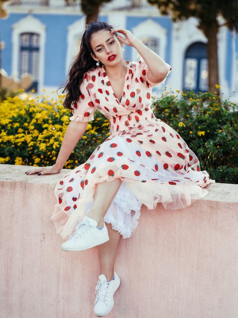 knee length dresses for ladies Pink 1950s Floral Lace Swing Dress main image 1