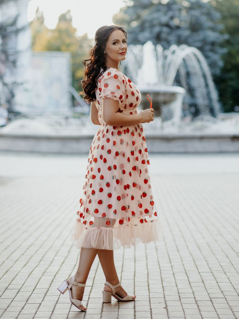 Pink 1950s Lace Strawberry Swing Dress | Retro Stage