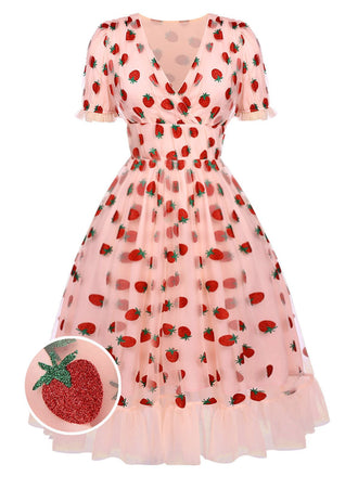 Front view: 1950s Pink 1950s Lace Strawberry Swing