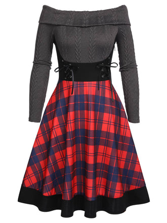 Plaids 1950s Off Shoulder Knitted Dress: timeless style reimagined