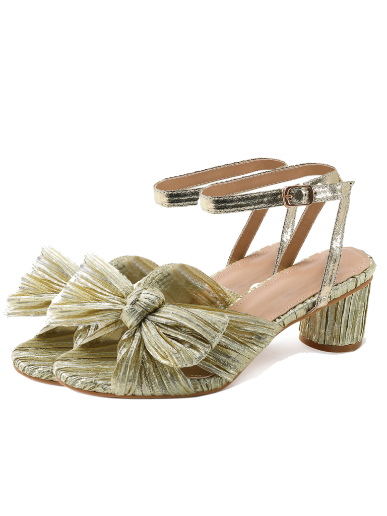 Pleated Chiffon Bowknot Chunky Heels Sandals — vintage elegance for the modern woman