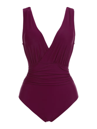 Raspberry Purple 1960s V-Neck One-piece Swimsuit: timeless style reimagined