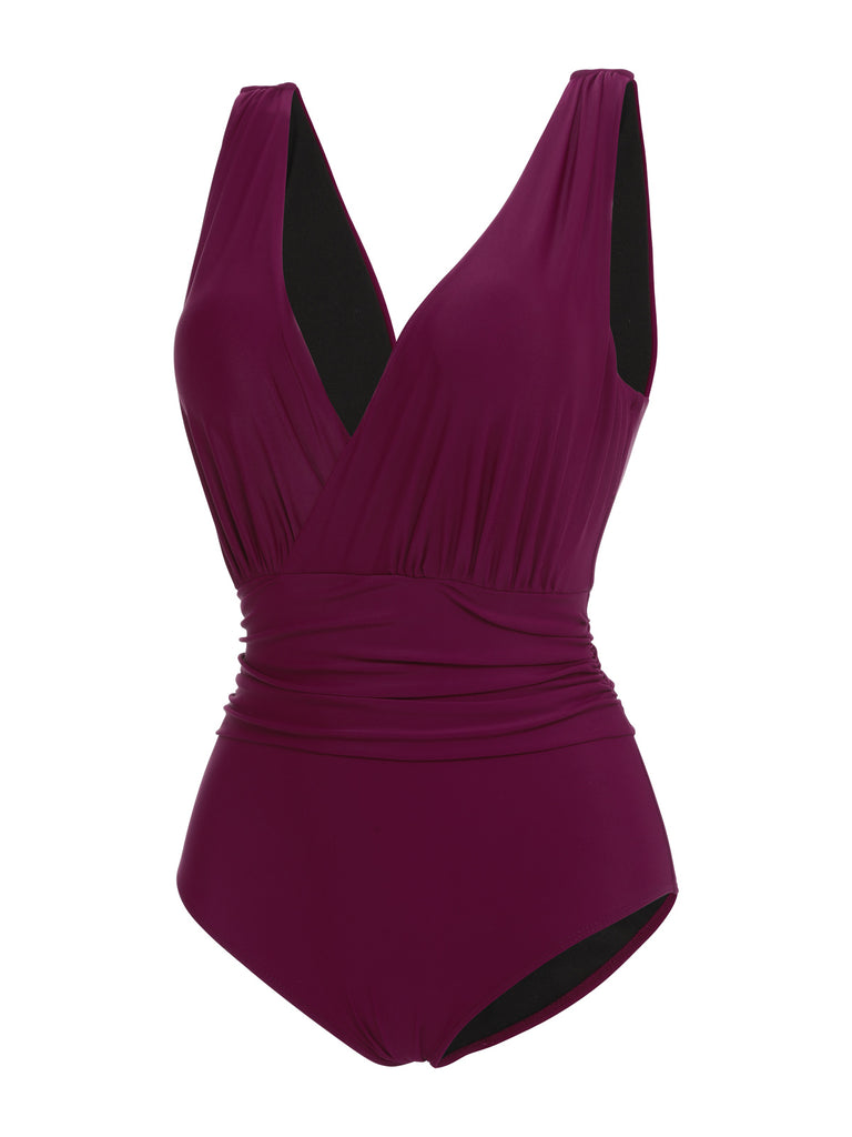 Raspberry Purple 1960s V-Neck One-piece Swimsuit — vintage elegance for the modern woman