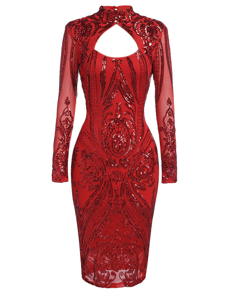 fitted lace wedding dress US Warehouse] Red 1920s Sequined Keyhole Dress