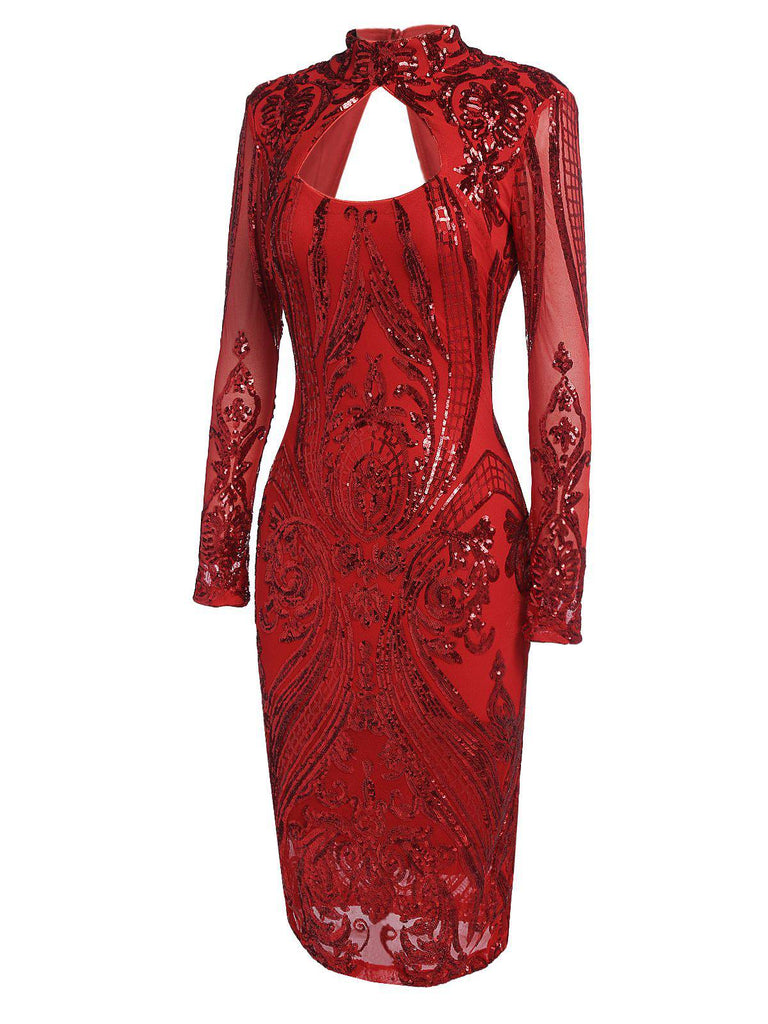 open lace back dress US Warehouse] Red 1920s Sequined Keyhole Dress