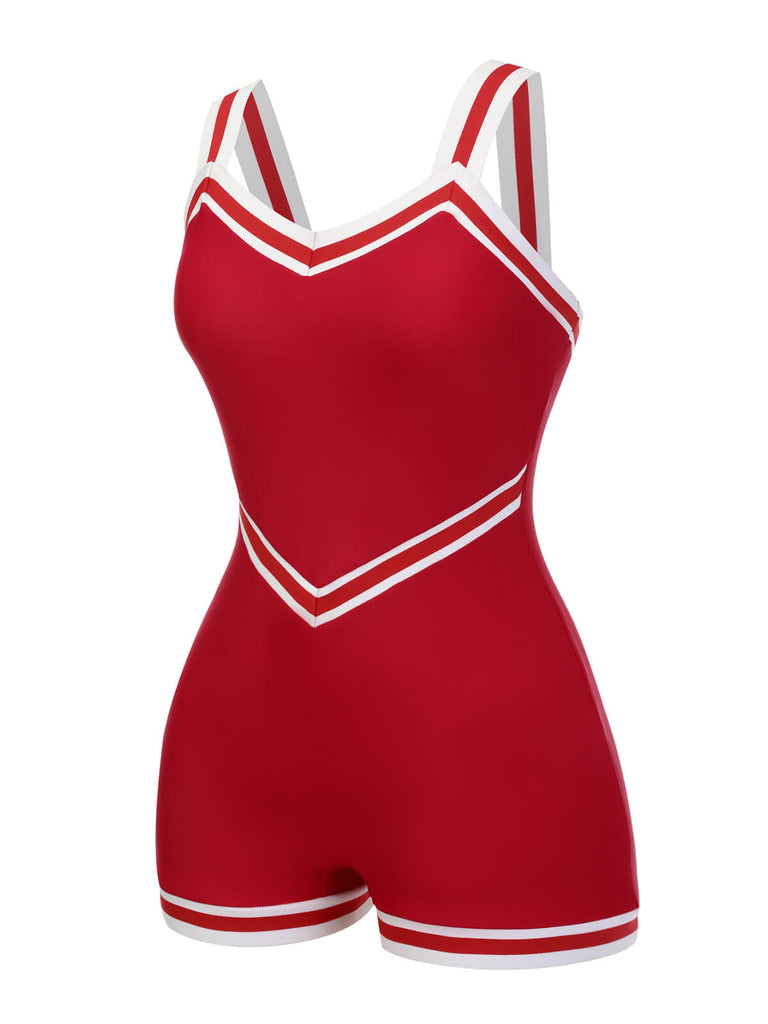 Red 1940s Solid Patchwork V-Neck Swimsuit, vintage swimsuit, pin-up swimwear - perfect for women who love vintage and retro fashion