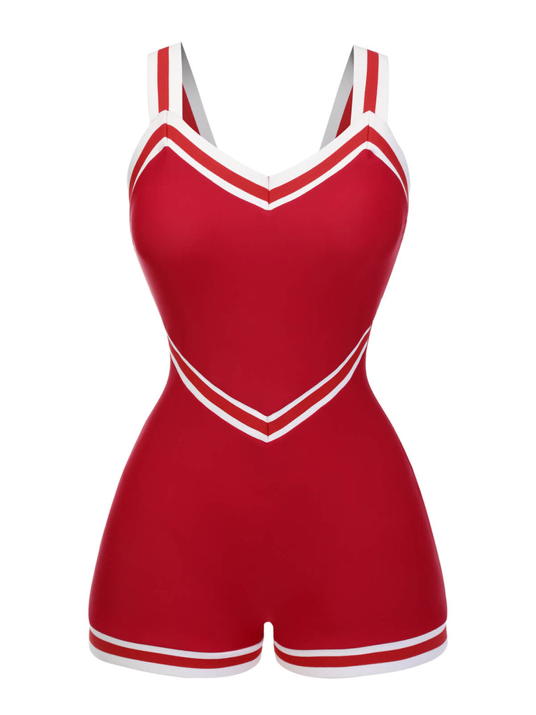 Red 1940s Solid Patchwork V-Neck Swimsuit, vintage swimsuit, pin-up swimwear - perfect for women who love vintage and retro fashion