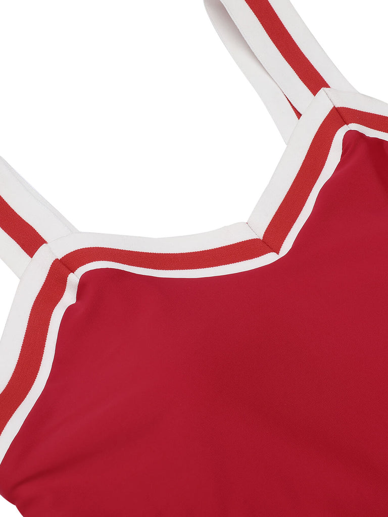 Red 1940s Solid Patchwork V-Neck Swimsuit, vintage swimsuit, pin-up swimwear - perfect for women who love vintage and retro fashion