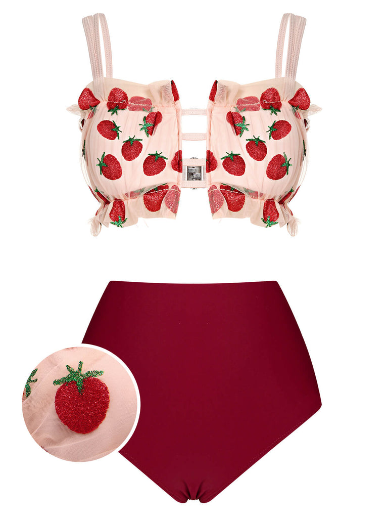 Red 1940s Strawberry Mesh Strap Swimsuit, vintage swimsuit, pin-up swimwear - perfect for women who love vintage and retro fashion