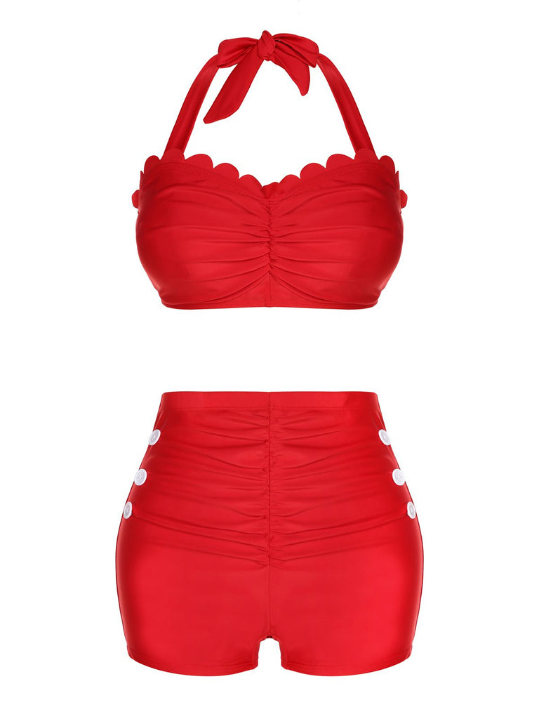 Red 1950s Button Ruffles Halter Swimsuit — vintage elegance for the modern woman