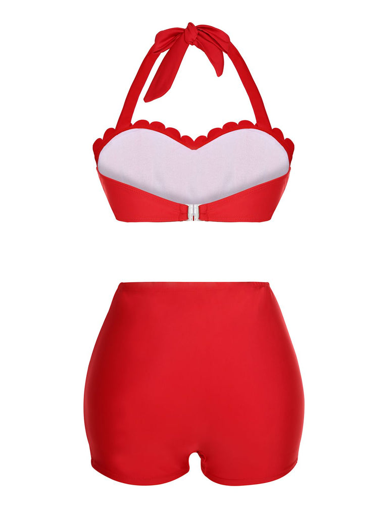 Red 1950s Button Ruffles Halter Swimsuit — vintage elegance for the modern woman