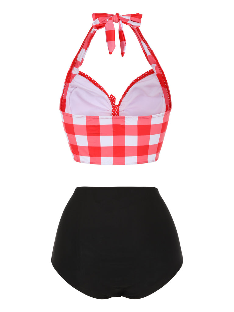 Red 1950s Plaid Halter Bikini Set - vintage fashion, retro style, elegant red