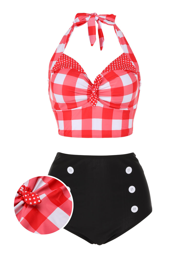 Red 1950s Plaid Halter Bikini Set, vintage swimsuit, pin-up swimwear - perfect for women who love vintage and retro fashion