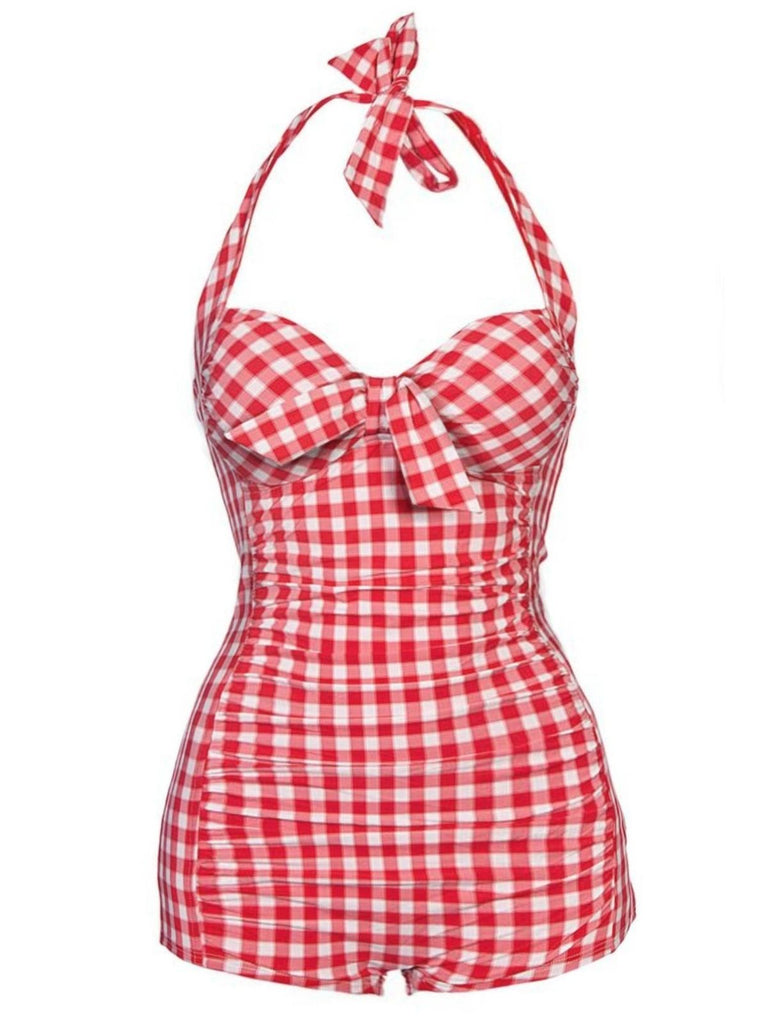 Red 1950s Plaid Halter One-piece Swimsuit: timeless style reimagined
