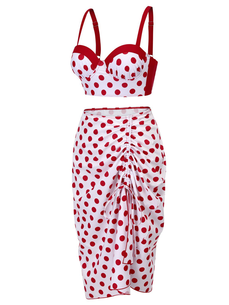 Red 1950s Polka Dot Pleated Swimsuit, vintage swimsuit, pin-up swimwear - perfect for women who love vintage and retro fashion