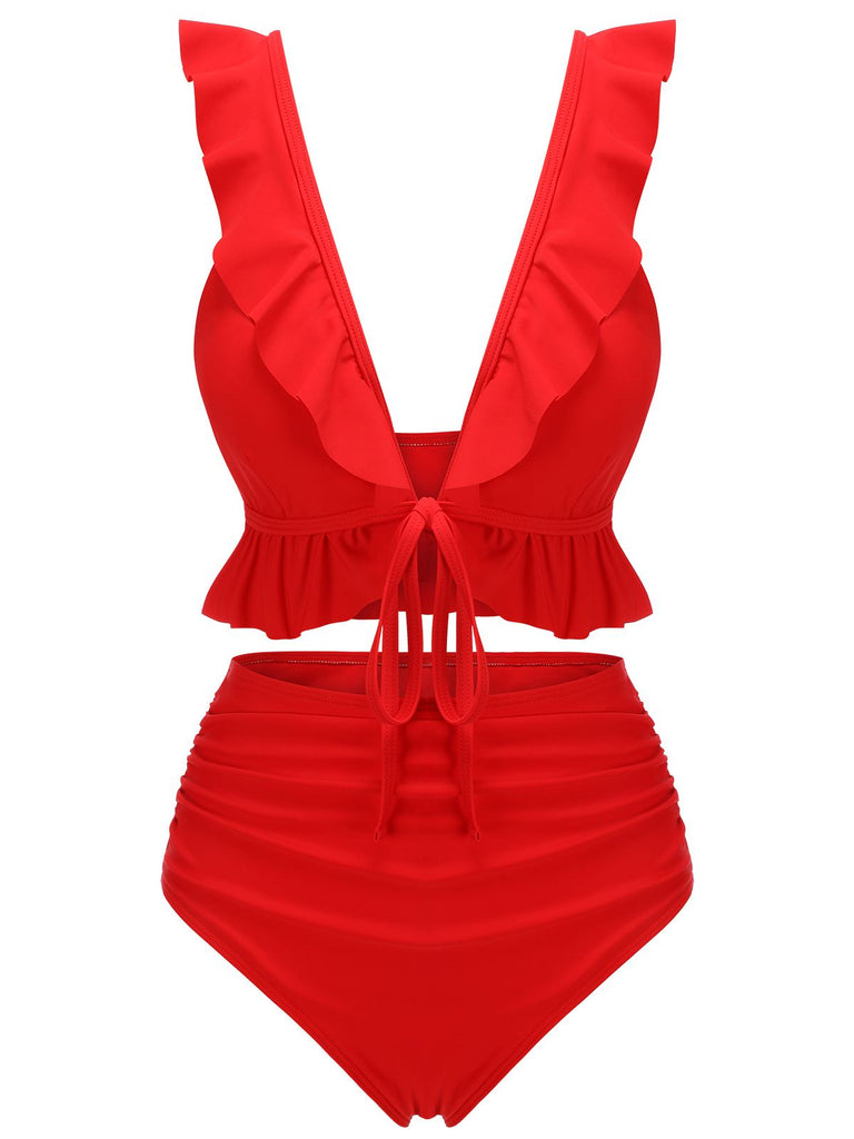 Red 1950s Solid Ruffled V-neck Straps Swimsuit, vintage swimsuit, pin-up swimwear - perfect for women who love vintage and retro fashion