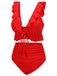 Red 1950s Solid Ruffled V-neck Straps Swimsuit, vintage swimsuit, pin-up swimwear - perfect for women who love vintage and retro fashion