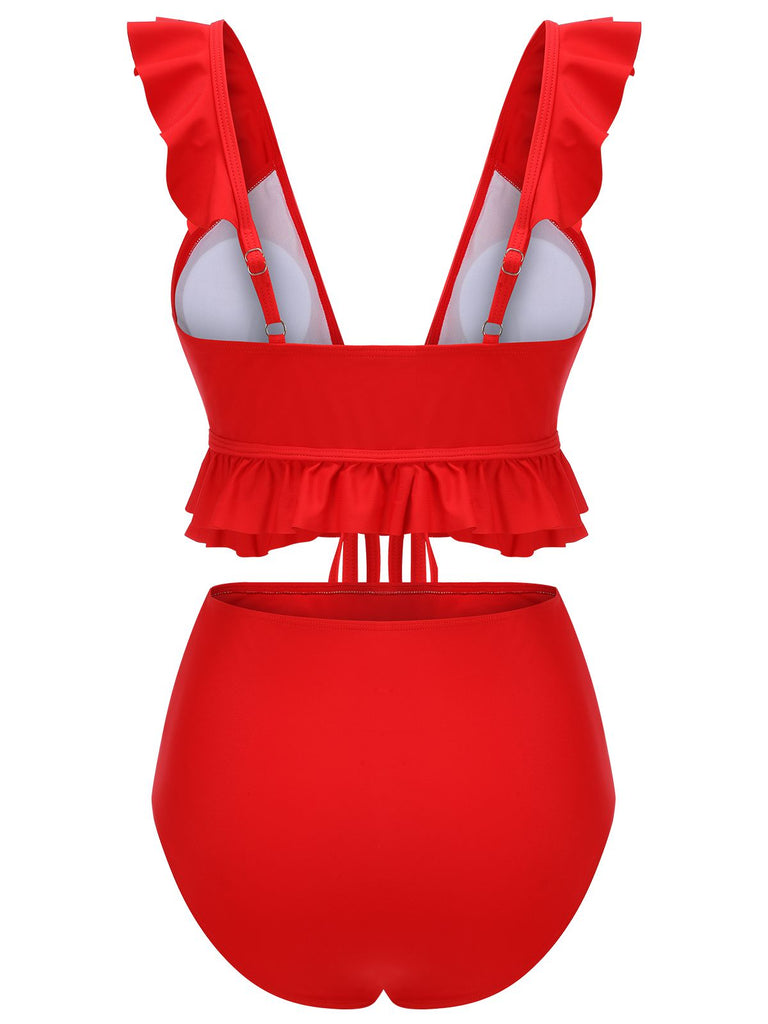 Red 1950s Solid Ruffled V-neck Straps Swimsuit, vintage swimsuit, pin-up swimwear - perfect for women who love vintage and retro fashion