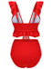 Red 1950s Solid Ruffled V-neck Straps Swimsuit, vintage swimsuit, pin-up swimwear - perfect for women who love vintage and retro fashion