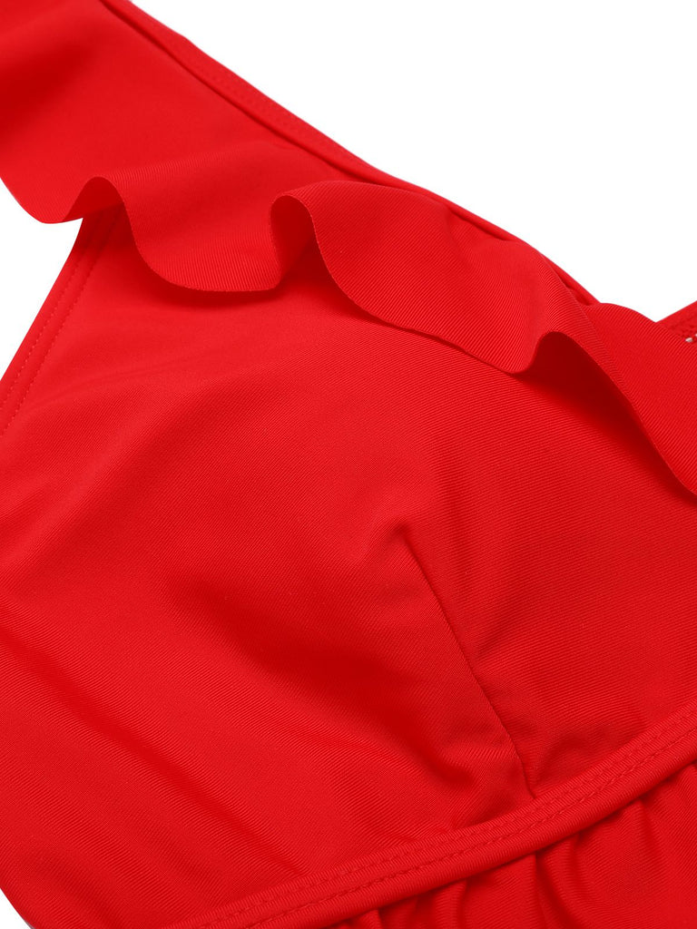 Red 1950s Solid Ruffled V-neck Straps Swimsuit, vintage swimsuit, pin-up swimwear - perfect for women who love vintage and retro fashion