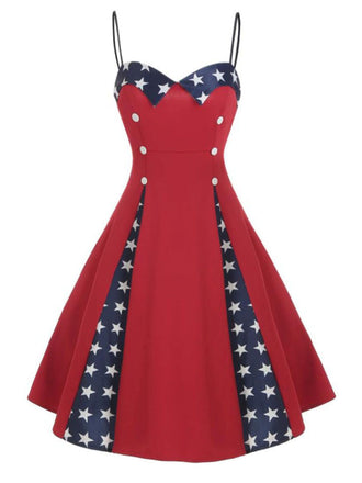 She slips into this Red 1950s Stars Patchwork Strap Dress and suddenly it's a 1950s daydream