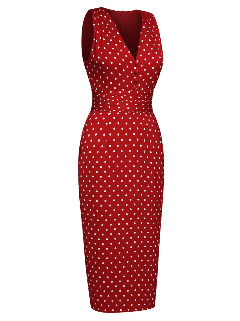 Red 1960s Dots V-Neck Pencil Dress, vintage dress, retro fashion - perfect for women who love vintage and retro fashion