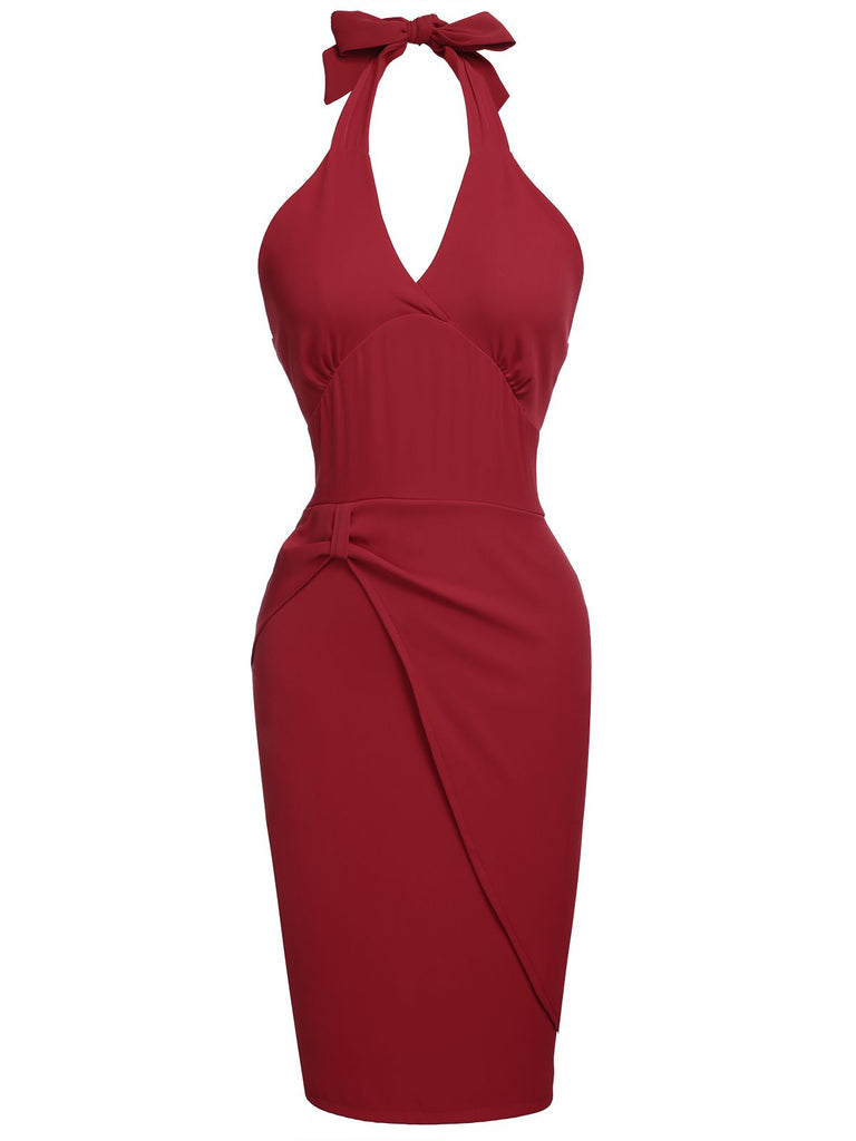 Retro Stage Solid Halter Bodycon Midi Dress Holiday Cocktail Dress in Red