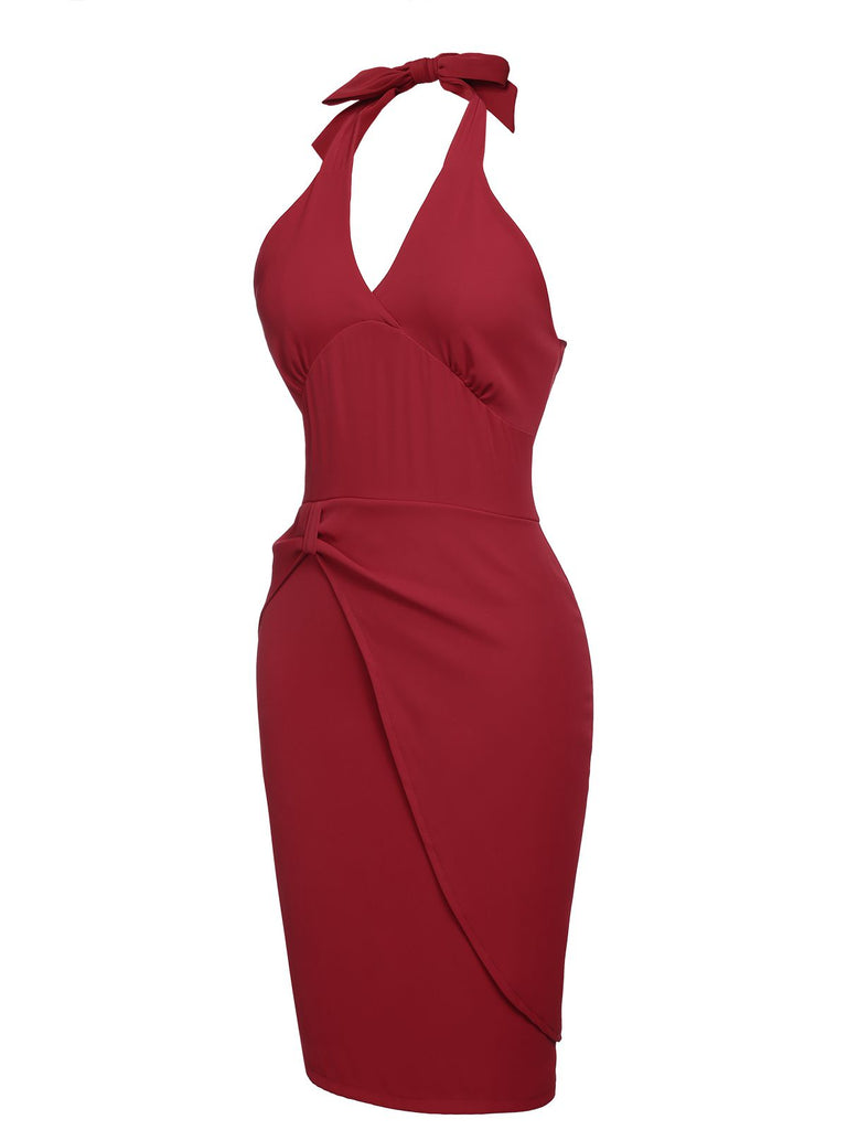 Retro Stage Solid Halter Bodycon Midi Dress Holiday Cocktail Dress in Red
