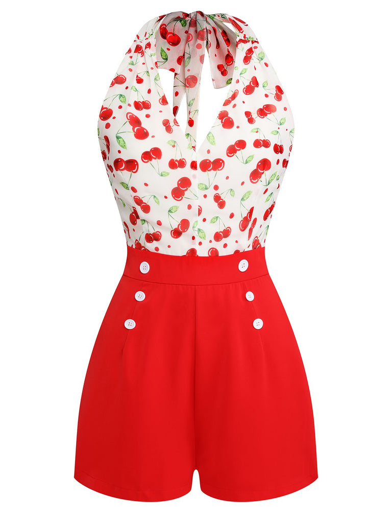 Red Cherry V-Neck Halter Lace-Up Romper — vintage elegance for the modern woman