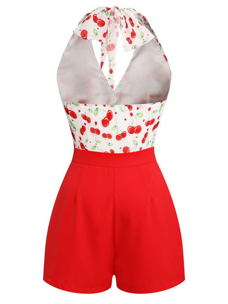 Red Cherry V-Neck Halter Lace-Up Romper — vintage elegance for the modern woman