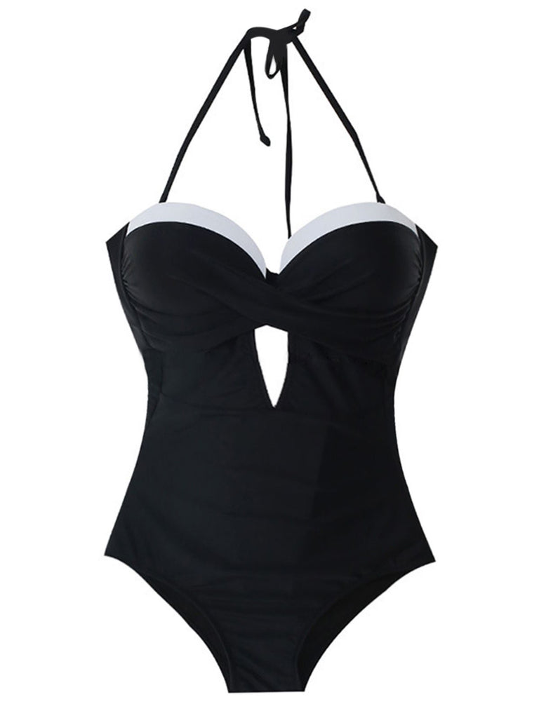 Retro Black Halter Keyhole Swimsuit: timeless style reimagined