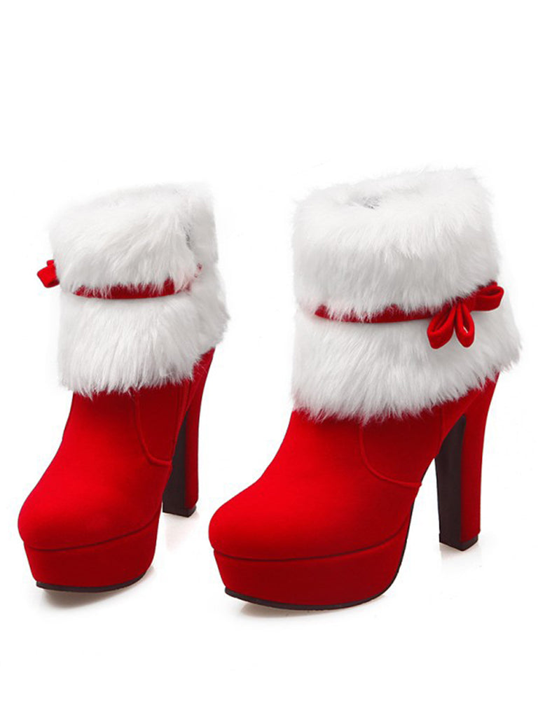Retro Christmas Short Plush High Heel Shoes Red