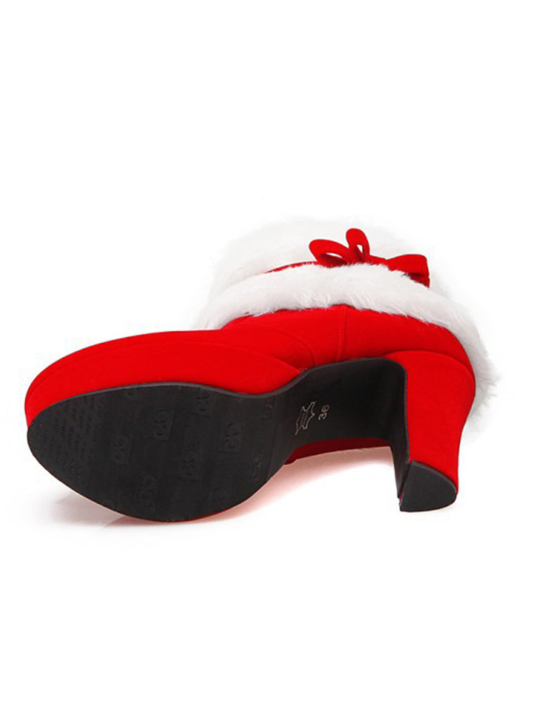 Retro Christmas Short Plush High Heel Shoes Red