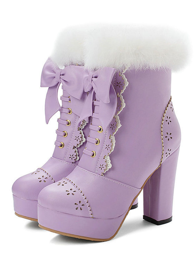 Retro Furry Bowknot Chunky Heel Snow Boots — vintage elegance for the modern woman