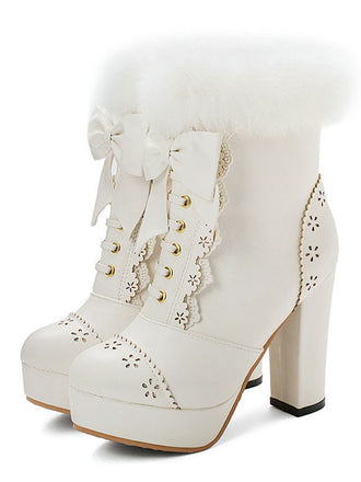 Retro Furry Bowknot Chunky Heel Snow Boots: timeless style reimagined