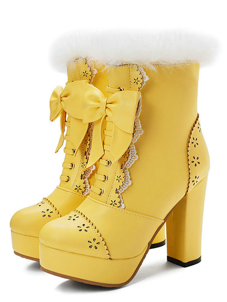 Retro Furry Bowknot Chunky Heel Snow Boots: timeless style reimagined