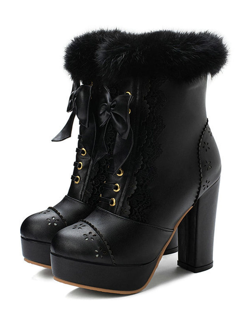 Retro Furry Bowknot Chunky Heel Snow Boots — vintage elegance for the modern woman