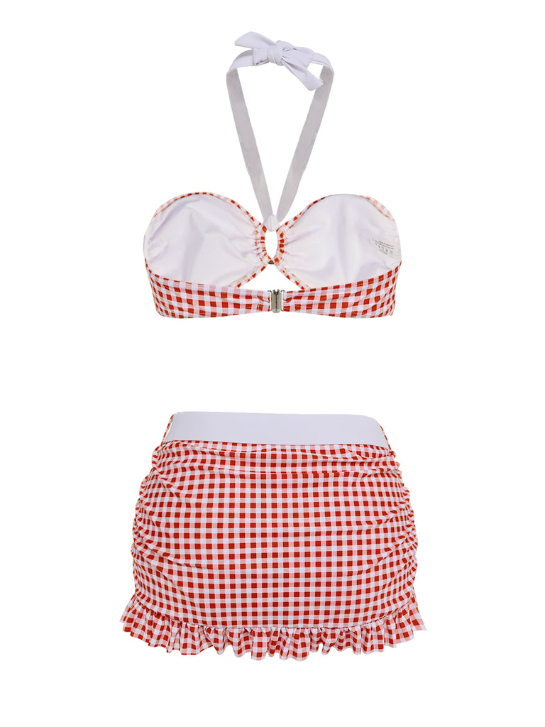 Retro Red 1940s Plaid Halter Bikini Set - vintage fashion, retro style, elegant red