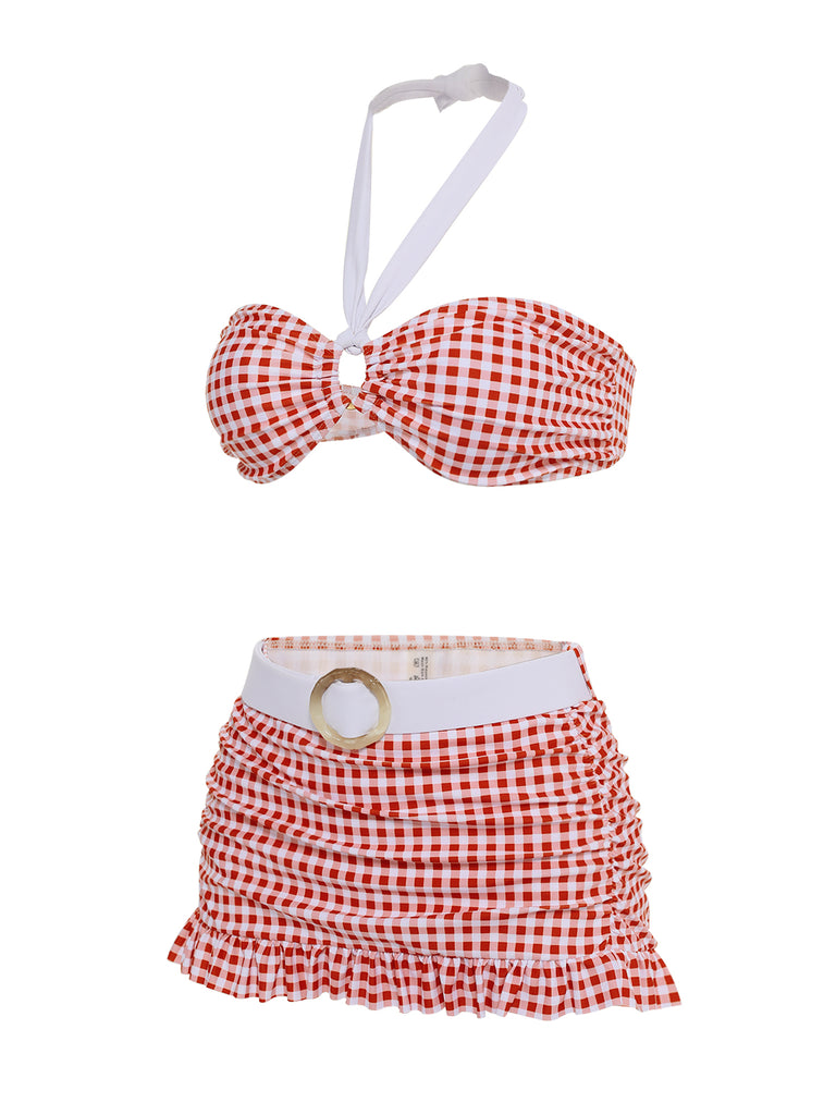 This Retro Red 1940s Plaid Halter Bikini Set carries 1940s vacation dreams in every stitch