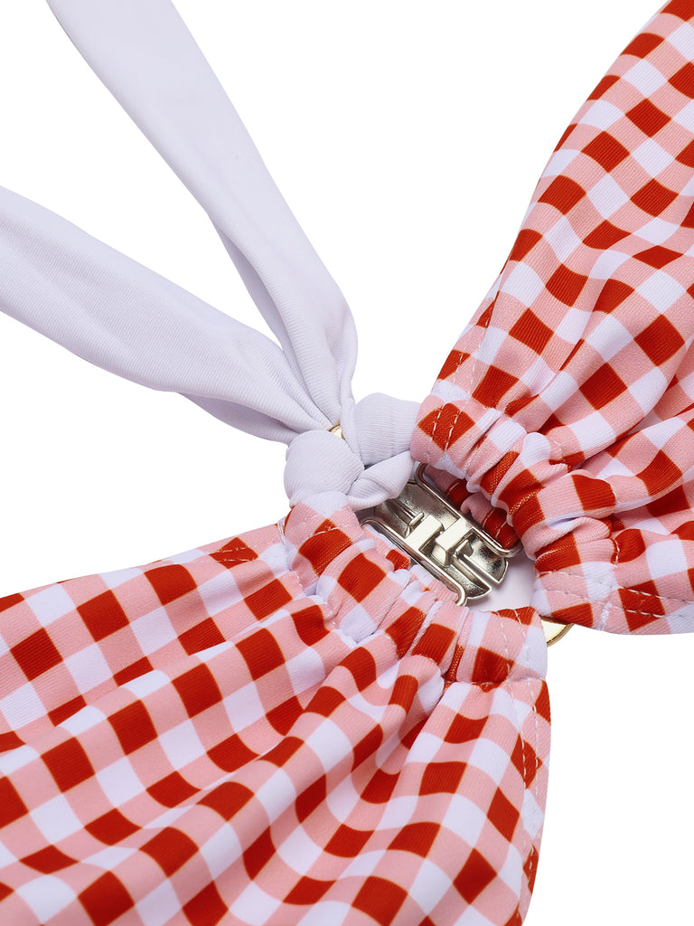 Retro Red 1940s Plaid Halter Bikini Set — 1940s poolside glamour meets sun-drenched confidence