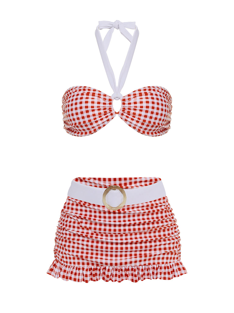 Retro Red 1940s Plaid Halter Bikini Set: 1940s Riviera elegance, reimagined for her