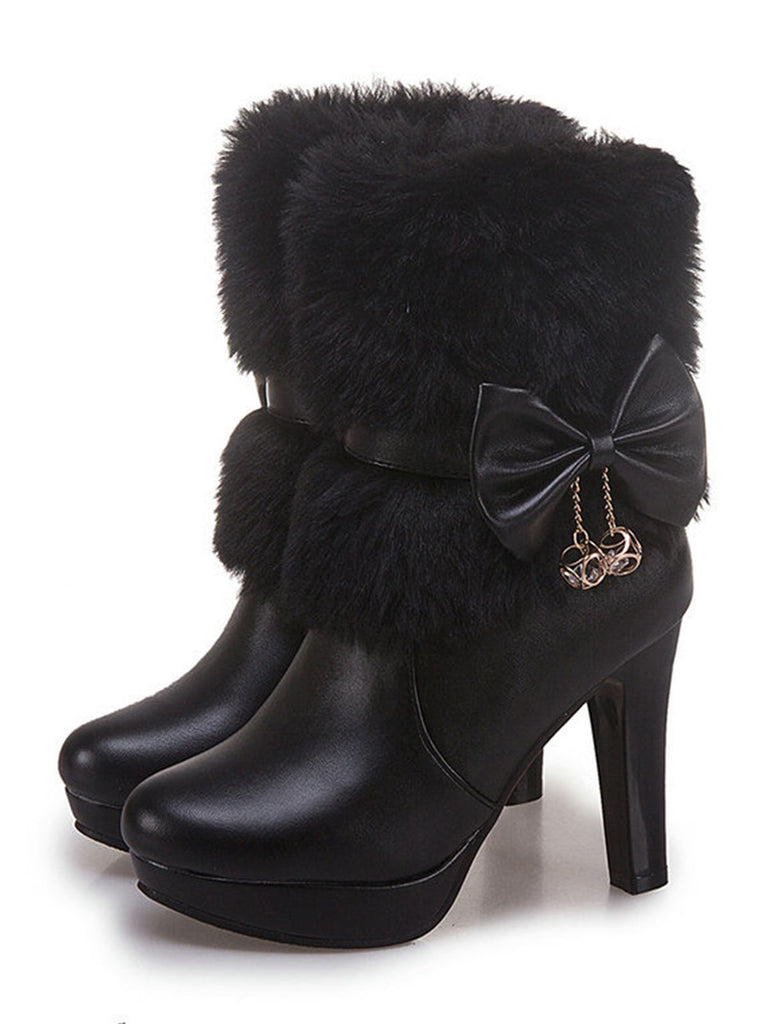 Retro Solid Furry Chunky Heel Short Boots — vintage elegance for the modern woman