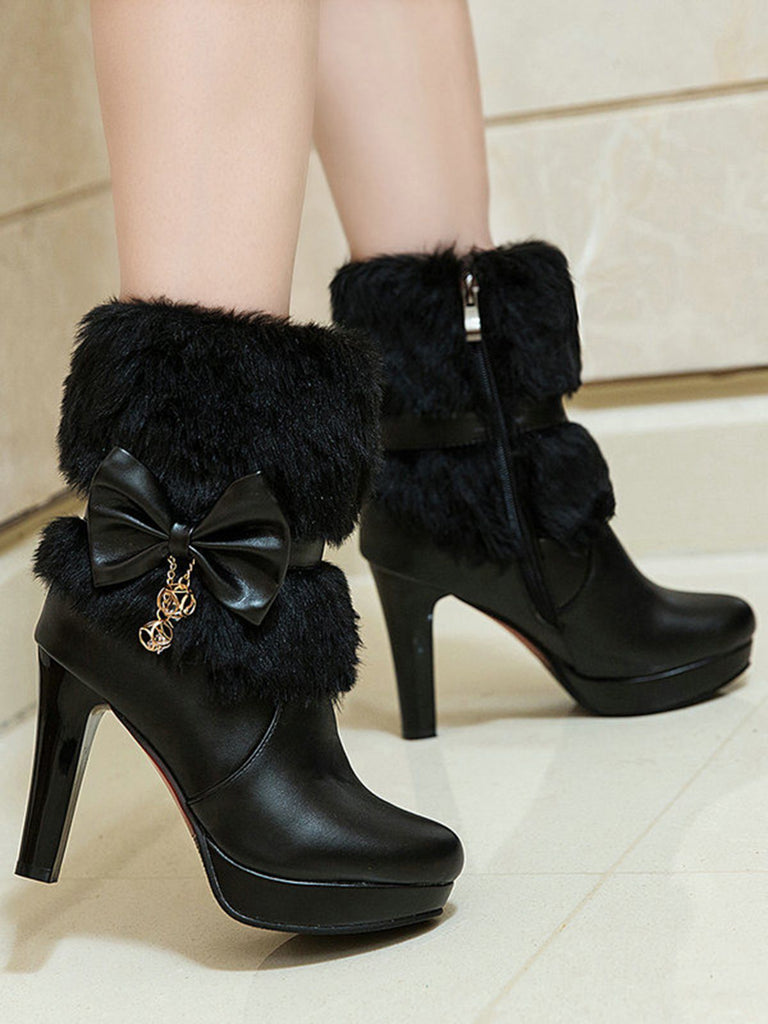 Retro Solid Furry Chunky Heel Short Boots: timeless style reimagined
