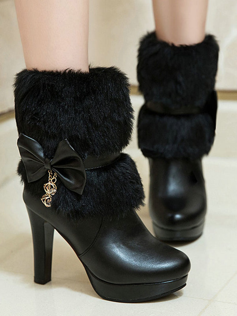 Retro Solid Furry Chunky Heel Short Boots — vintage elegance for the modern woman