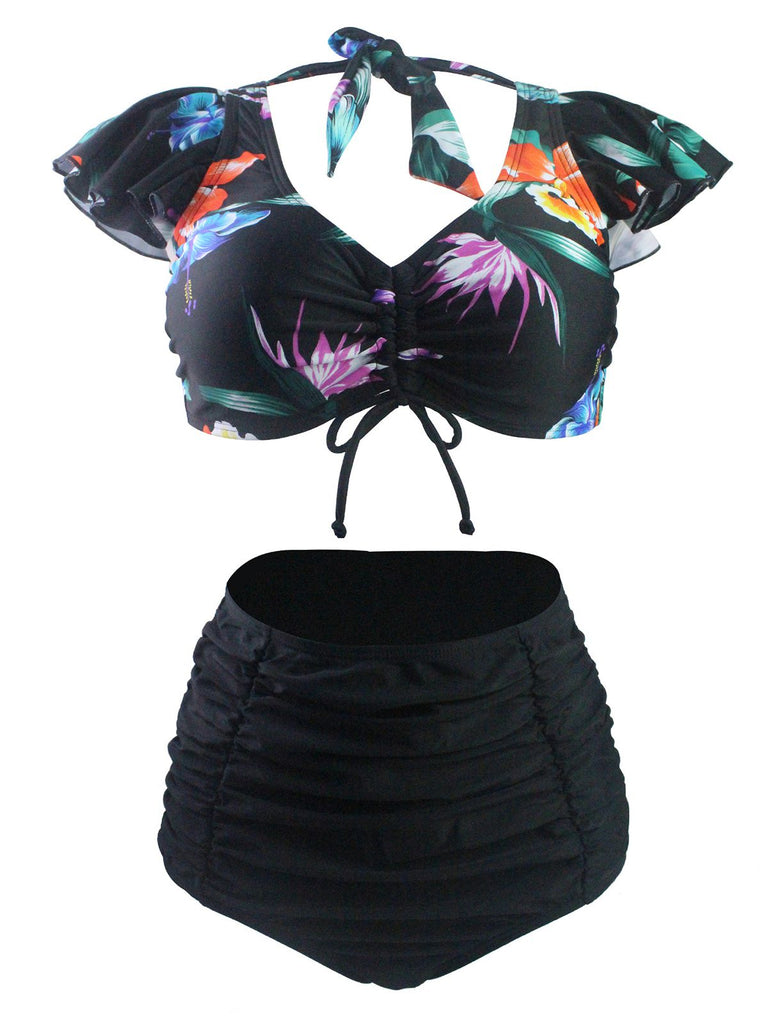 Ruffle Sleeve Floral Lace Up Bikini, classic vintage style summer beach collection - Image 1