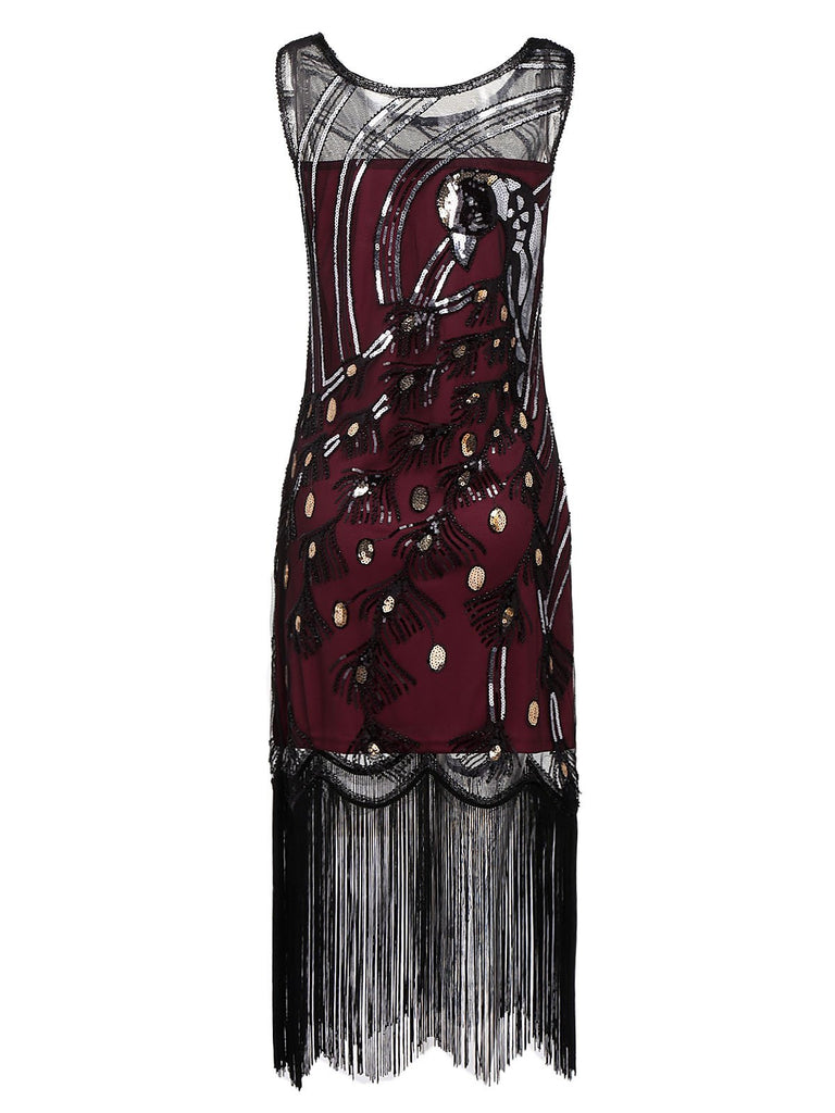 Wine Red 1920s Peacock Flapper Dress