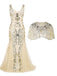 2PCS Apricot 1920s Sequin Maxi Dress & Beige Cape